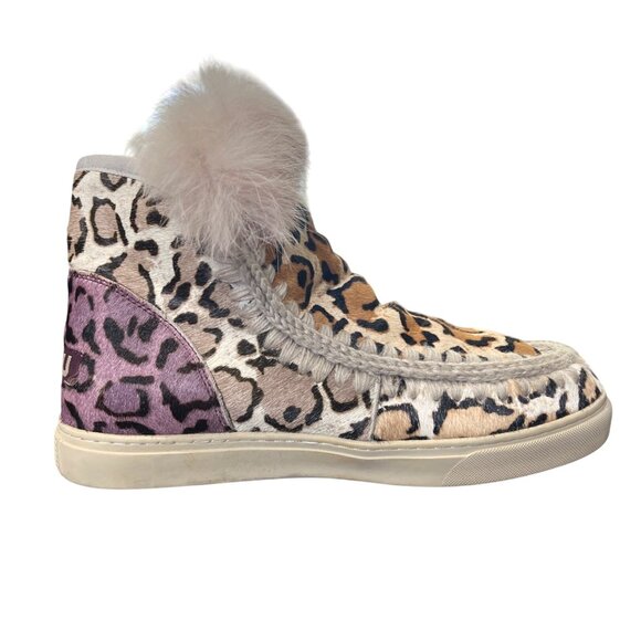 Mou Eskimo Sneakers Ponyskin Leopard Purple Fur-Trim Bootie Slip